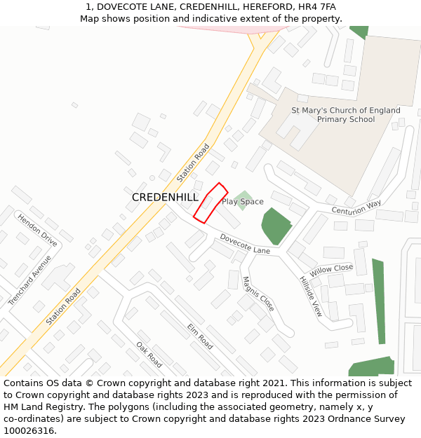 1, DOVECOTE LANE, CREDENHILL, HEREFORD, HR4 7FA: Location map and indicative extent of plot