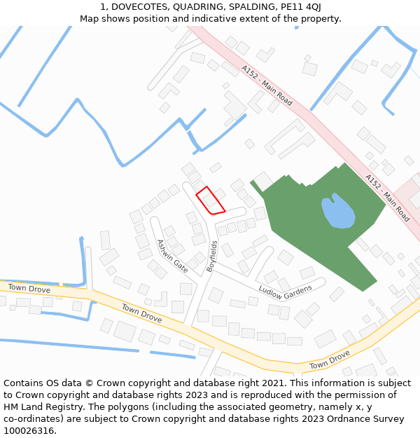 1, DOVECOTES, QUADRING, SPALDING, PE11 4QJ: Location map and indicative extent of plot