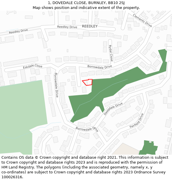 1, DOVEDALE CLOSE, BURNLEY, BB10 2SJ: Location map and indicative extent of plot