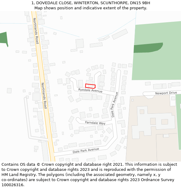 1, DOVEDALE CLOSE, WINTERTON, SCUNTHORPE, DN15 9BH: Location map and indicative extent of plot