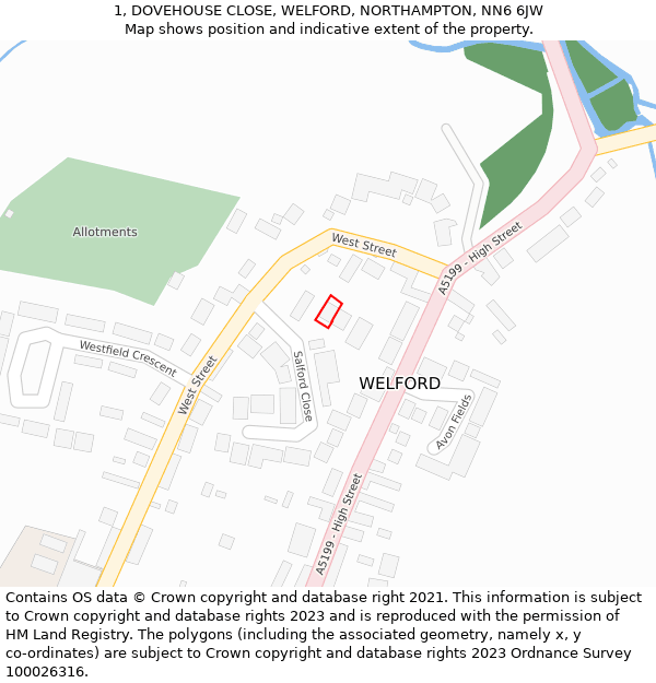 1, DOVEHOUSE CLOSE, WELFORD, NORTHAMPTON, NN6 6JW: Location map and indicative extent of plot