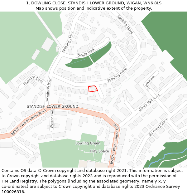1, DOWLING CLOSE, STANDISH LOWER GROUND, WIGAN, WN6 8LS: Location map and indicative extent of plot