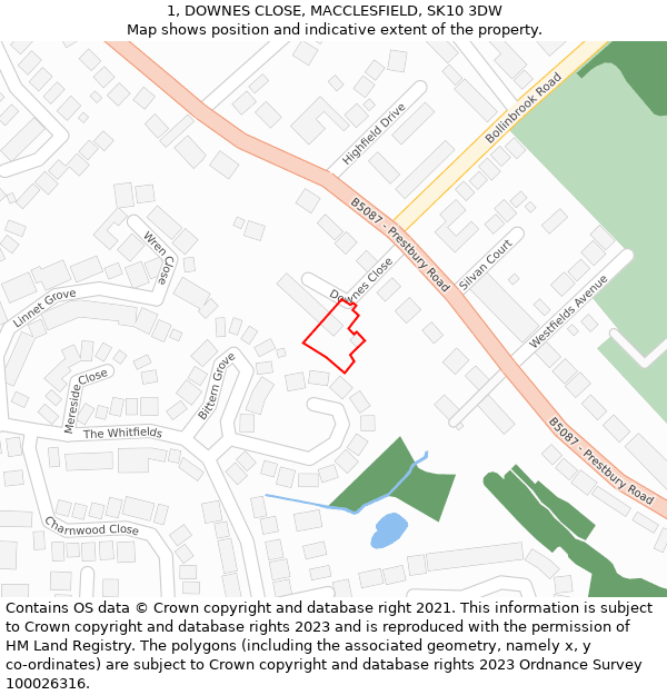 1, DOWNES CLOSE, MACCLESFIELD, SK10 3DW: Location map and indicative extent of plot