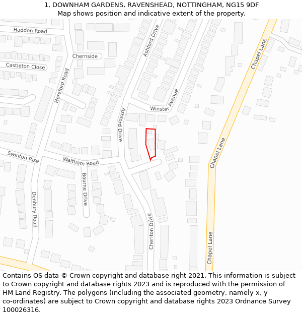 1, DOWNHAM GARDENS, RAVENSHEAD, NOTTINGHAM, NG15 9DF: Location map and indicative extent of plot