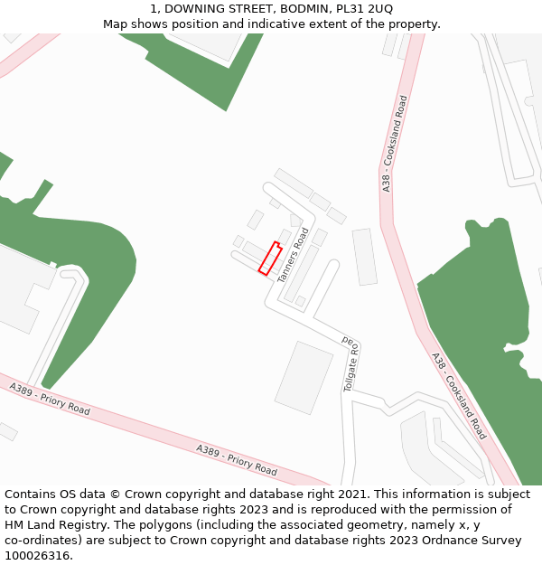 1, DOWNING STREET, BODMIN, PL31 2UQ: Location map and indicative extent of plot