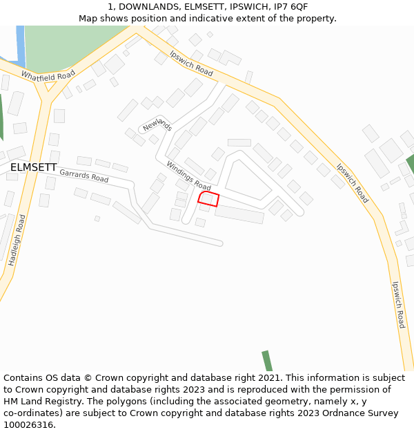 1, DOWNLANDS, ELMSETT, IPSWICH, IP7 6QF: Location map and indicative extent of plot