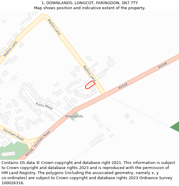 1, DOWNLANDS, LONGCOT, FARINGDON, SN7 7TY: Location map and indicative extent of plot