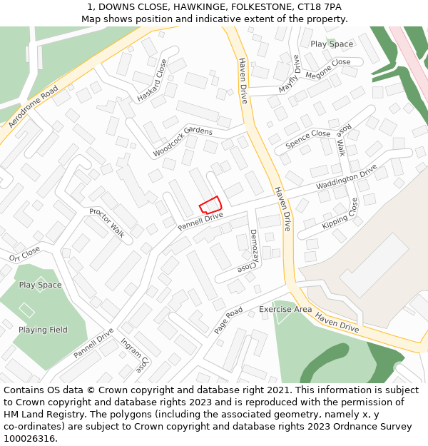 1, DOWNS CLOSE, HAWKINGE, FOLKESTONE, CT18 7PA: Location map and indicative extent of plot