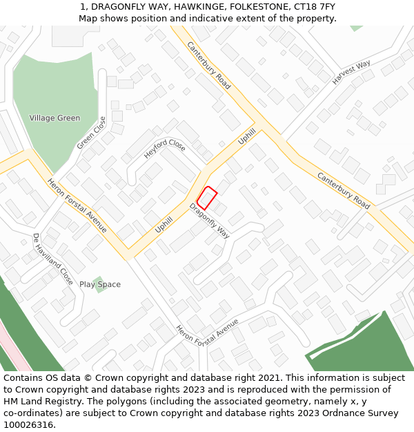 1, DRAGONFLY WAY, HAWKINGE, FOLKESTONE, CT18 7FY: Location map and indicative extent of plot