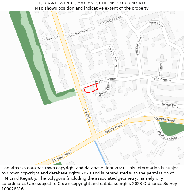 1, DRAKE AVENUE, MAYLAND, CHELMSFORD, CM3 6TY: Location map and indicative extent of plot