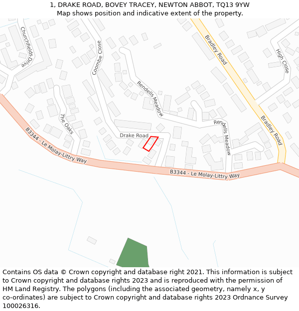1, DRAKE ROAD, BOVEY TRACEY, NEWTON ABBOT, TQ13 9YW: Location map and indicative extent of plot
