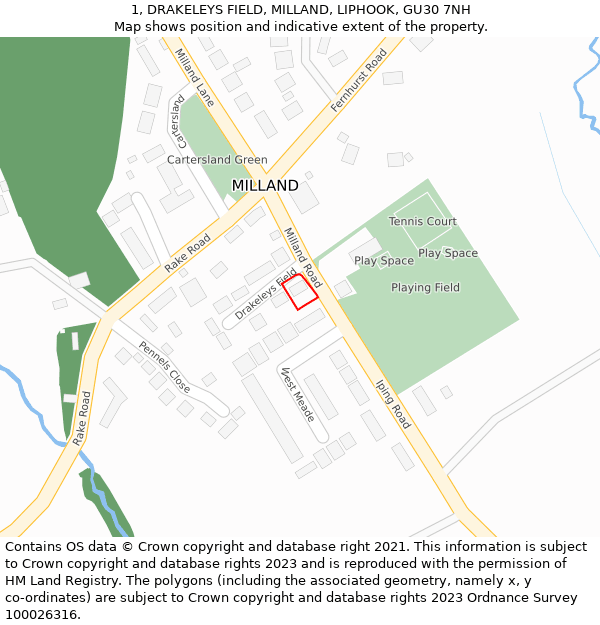 1, DRAKELEYS FIELD, MILLAND, LIPHOOK, GU30 7NH: Location map and indicative extent of plot