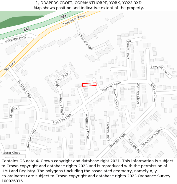 1, DRAPERS CROFT, COPMANTHORPE, YORK, YO23 3XD: Location map and indicative extent of plot