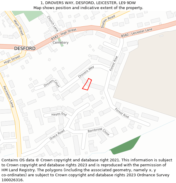 1, DROVERS WAY, DESFORD, LEICESTER, LE9 9DW: Location map and indicative extent of plot