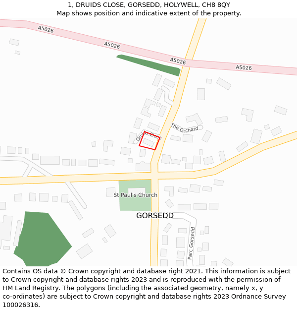 1, DRUIDS CLOSE, GORSEDD, HOLYWELL, CH8 8QY: Location map and indicative extent of plot