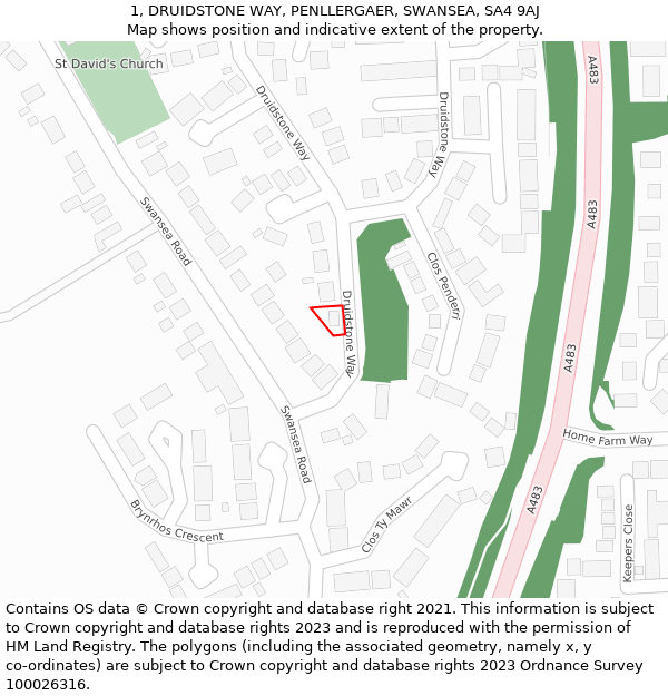 1, DRUIDSTONE WAY, PENLLERGAER, SWANSEA, SA4 9AJ: Location map and indicative extent of plot