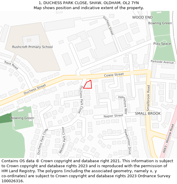 1, DUCHESS PARK CLOSE, SHAW, OLDHAM, OL2 7YN: Location map and indicative extent of plot