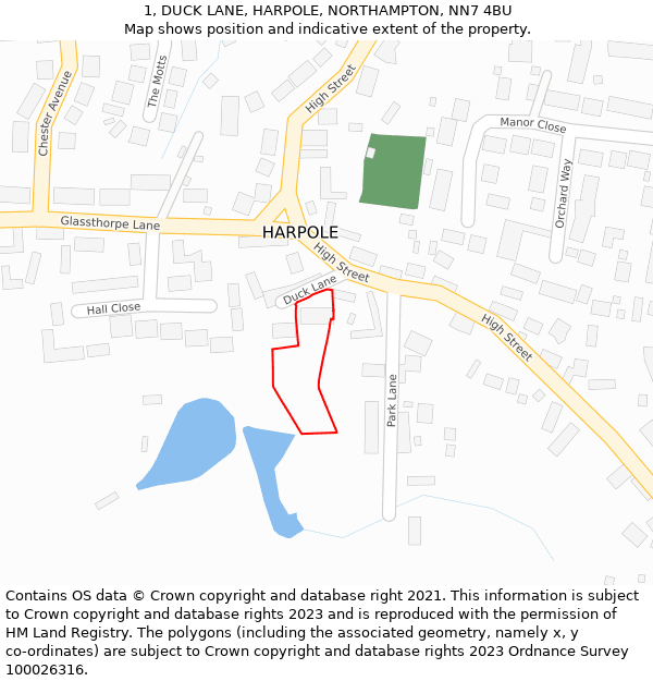 1, DUCK LANE, HARPOLE, NORTHAMPTON, NN7 4BU: Location map and indicative extent of plot