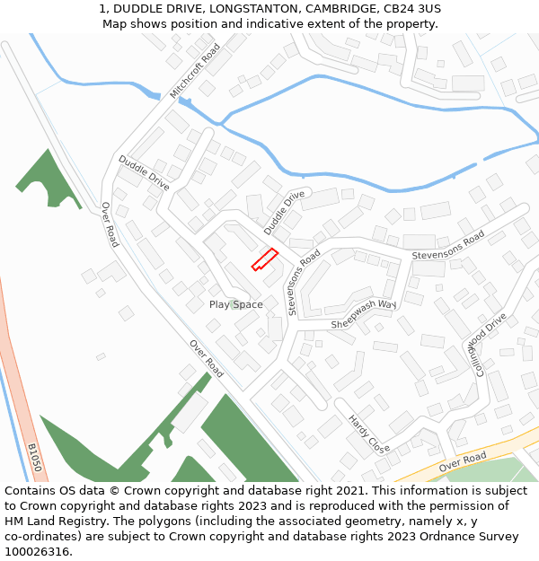 1, DUDDLE DRIVE, LONGSTANTON, CAMBRIDGE, CB24 3US: Location map and indicative extent of plot