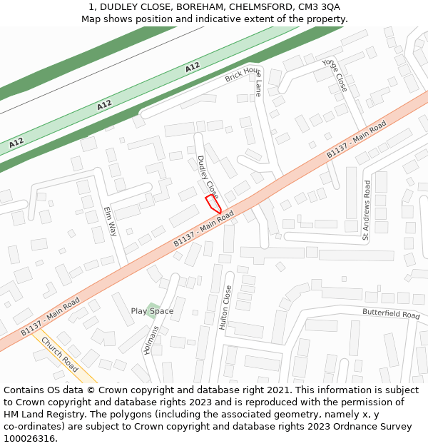 1, DUDLEY CLOSE, BOREHAM, CHELMSFORD, CM3 3QA: Location map and indicative extent of plot