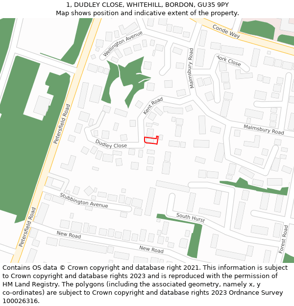 1, DUDLEY CLOSE, WHITEHILL, BORDON, GU35 9PY: Location map and indicative extent of plot