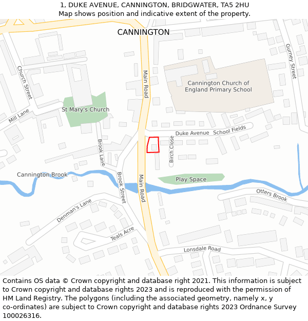 1, DUKE AVENUE, CANNINGTON, BRIDGWATER, TA5 2HU: Location map and indicative extent of plot