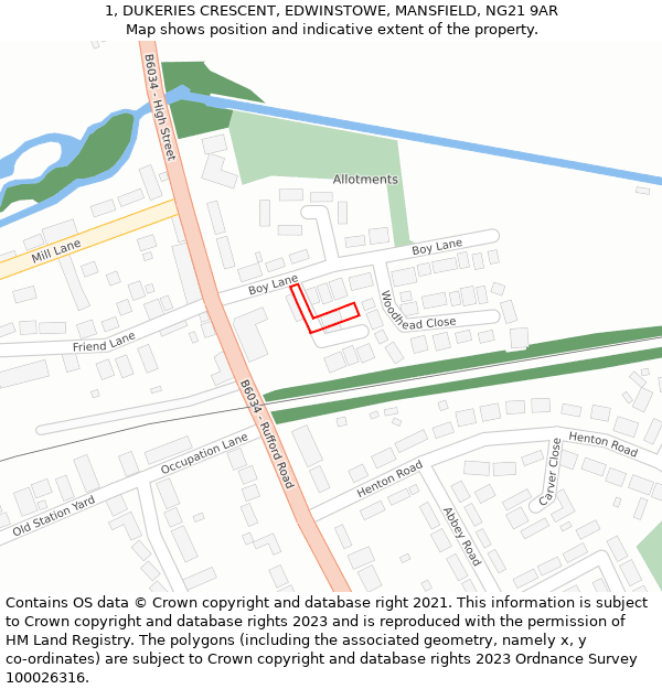 1, DUKERIES CRESCENT, EDWINSTOWE, MANSFIELD, NG21 9AR: Location map and indicative extent of plot