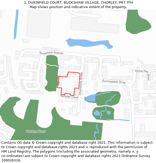 1, DUKINFIELD COURT, BUCKSHAW VILLAGE, CHORLEY, PR7 7FH: Location map and indicative extent of plot