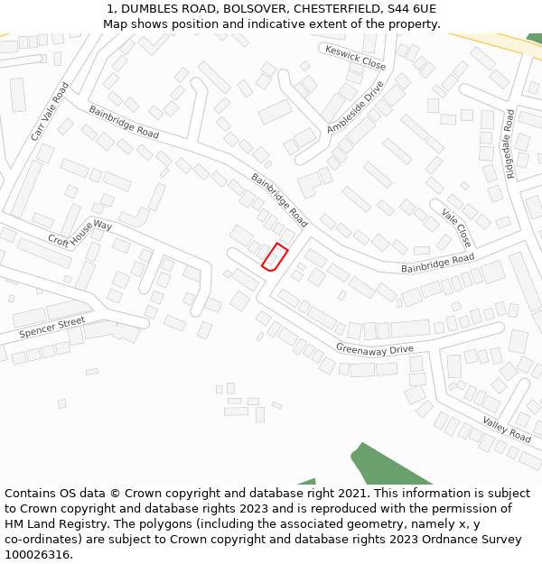 1, DUMBLES ROAD, BOLSOVER, CHESTERFIELD, S44 6UE: Location map and indicative extent of plot