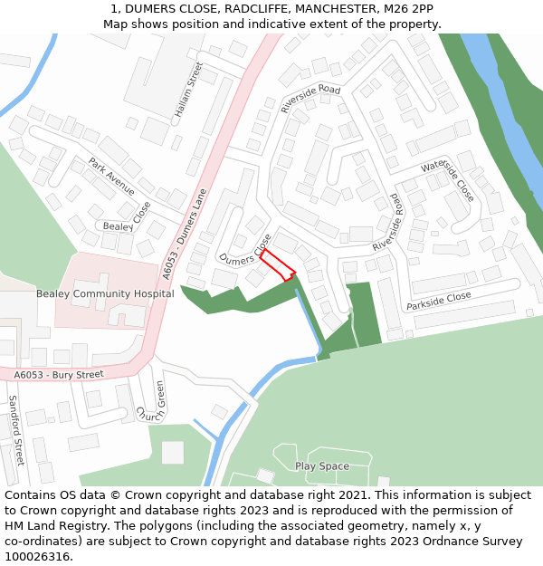 1, DUMERS CLOSE, RADCLIFFE, MANCHESTER, M26 2PP: Location map and indicative extent of plot