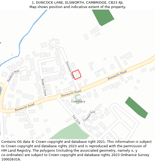 1, DUNCOCK LANE, ELSWORTH, CAMBRIDGE, CB23 4JL: Location map and indicative extent of plot