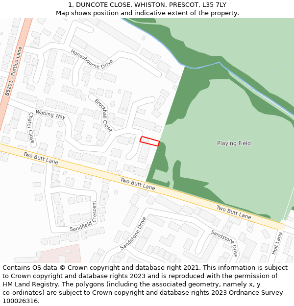 1, DUNCOTE CLOSE, WHISTON, PRESCOT, L35 7LY: Location map and indicative extent of plot