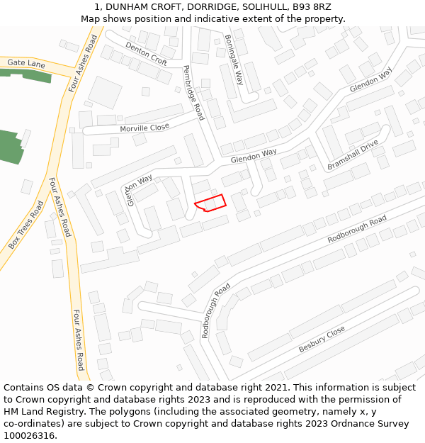 1, DUNHAM CROFT, DORRIDGE, SOLIHULL, B93 8RZ: Location map and indicative extent of plot