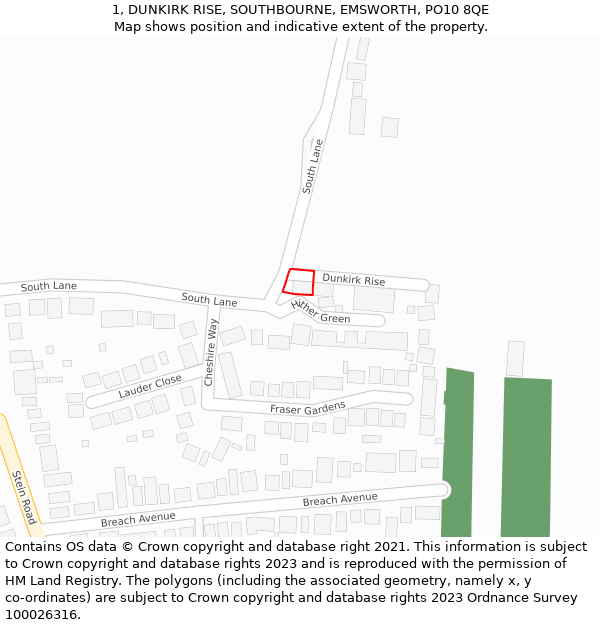 1, DUNKIRK RISE, SOUTHBOURNE, EMSWORTH, PO10 8QE: Location map and indicative extent of plot