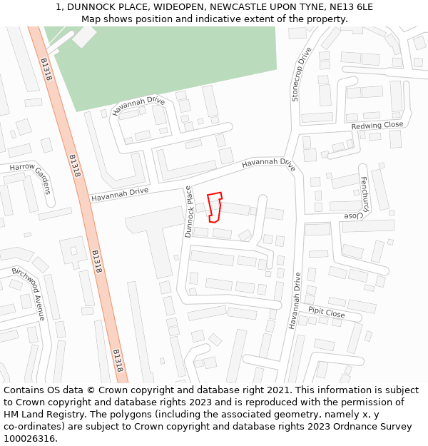 1, DUNNOCK PLACE, WIDEOPEN, NEWCASTLE UPON TYNE, NE13 6LE: Location map and indicative extent of plot