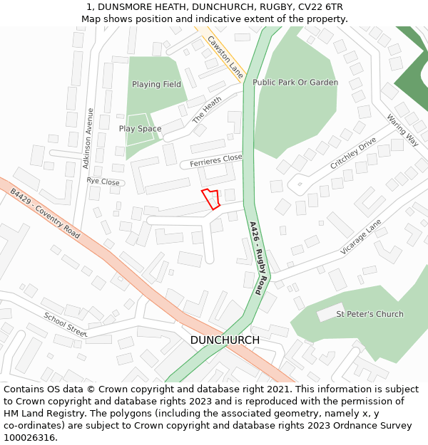 1, DUNSMORE HEATH, DUNCHURCH, RUGBY, CV22 6TR: Location map and indicative extent of plot