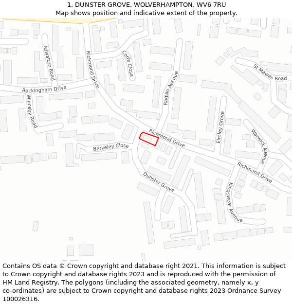 1, DUNSTER GROVE, WOLVERHAMPTON, WV6 7RU: Location map and indicative extent of plot