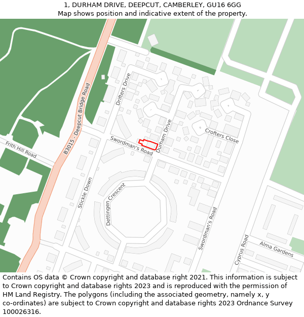 1, DURHAM DRIVE, DEEPCUT, CAMBERLEY, GU16 6GG: Location map and indicative extent of plot