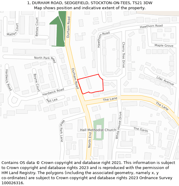 1, DURHAM ROAD, SEDGEFIELD, STOCKTON-ON-TEES, TS21 3DW: Location map and indicative extent of plot
