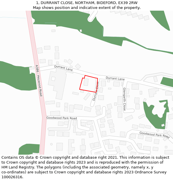 1, DURRANT CLOSE, NORTHAM, BIDEFORD, EX39 2RW: Location map and indicative extent of plot