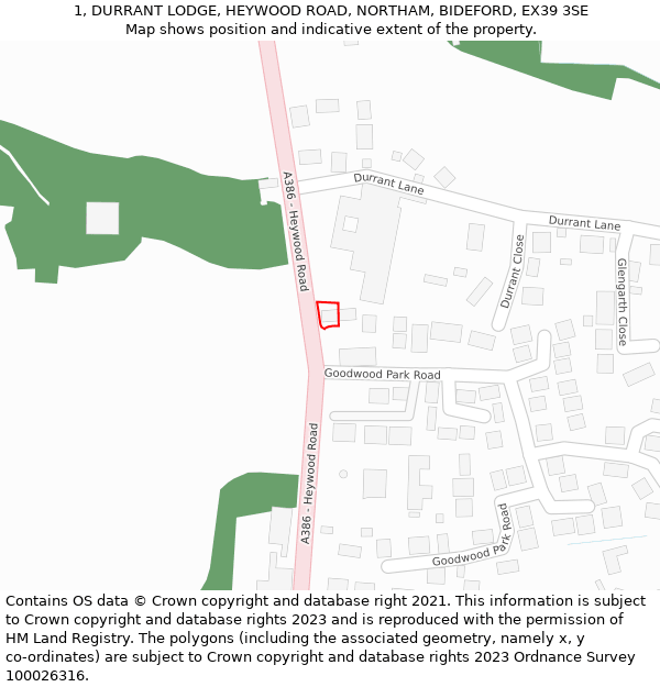 1, DURRANT LODGE, HEYWOOD ROAD, NORTHAM, BIDEFORD, EX39 3SE: Location map and indicative extent of plot