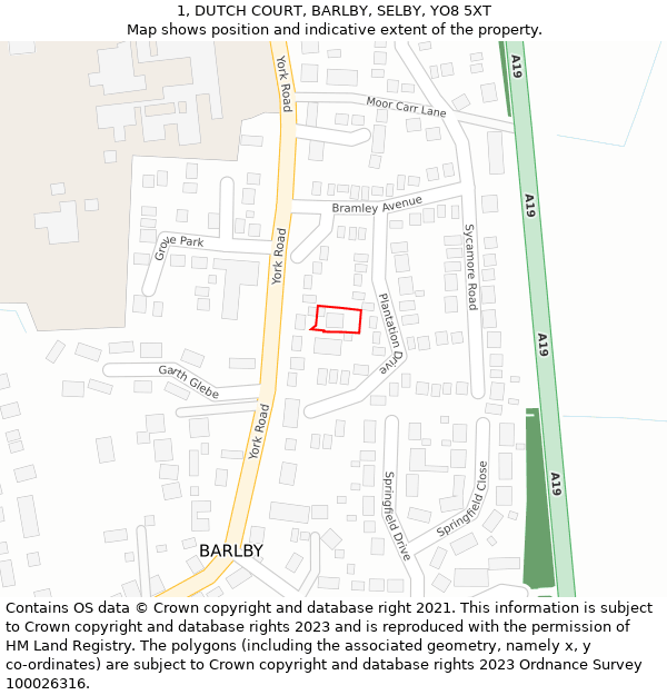 1, DUTCH COURT, BARLBY, SELBY, YO8 5XT: Location map and indicative extent of plot