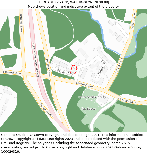 1, DUXBURY PARK, WASHINGTON, NE38 8BJ: Location map and indicative extent of plot