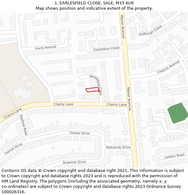 1, EARLESFIELD CLOSE, SALE, M33 4UR: Location map and indicative extent of plot