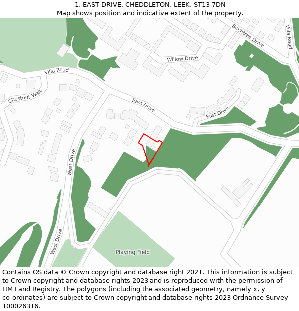 1, EAST DRIVE, CHEDDLETON, LEEK, ST13 7DN: Location map and indicative extent of plot