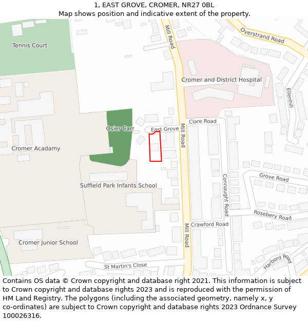 1, EAST GROVE, CROMER, NR27 0BL: Location map and indicative extent of plot