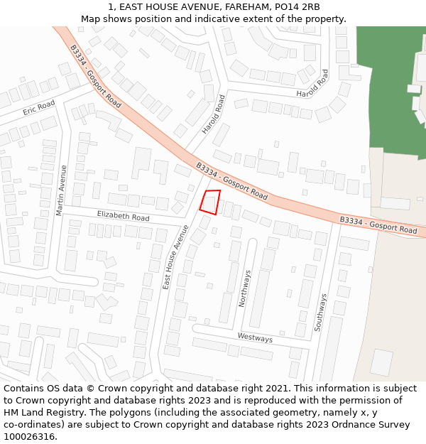 1, EAST HOUSE AVENUE, FAREHAM, PO14 2RB: Location map and indicative extent of plot