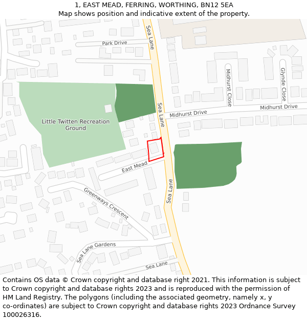 1, EAST MEAD, FERRING, WORTHING, BN12 5EA: Location map and indicative extent of plot