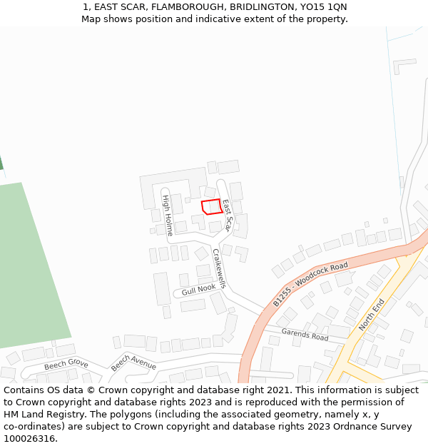 1, EAST SCAR, FLAMBOROUGH, BRIDLINGTON, YO15 1QN: Location map and indicative extent of plot