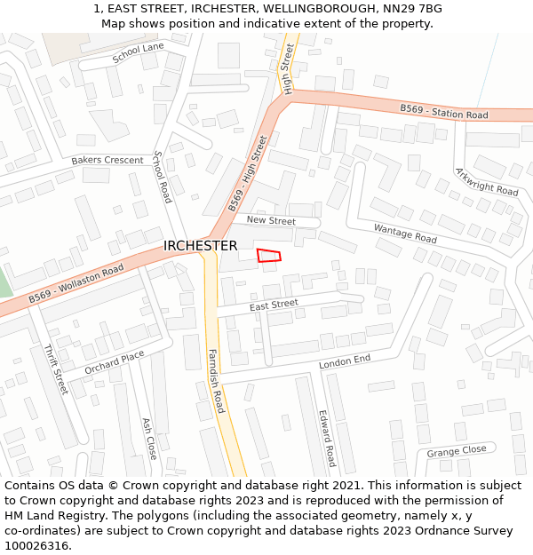 1, EAST STREET, IRCHESTER, WELLINGBOROUGH, NN29 7BG: Location map and indicative extent of plot